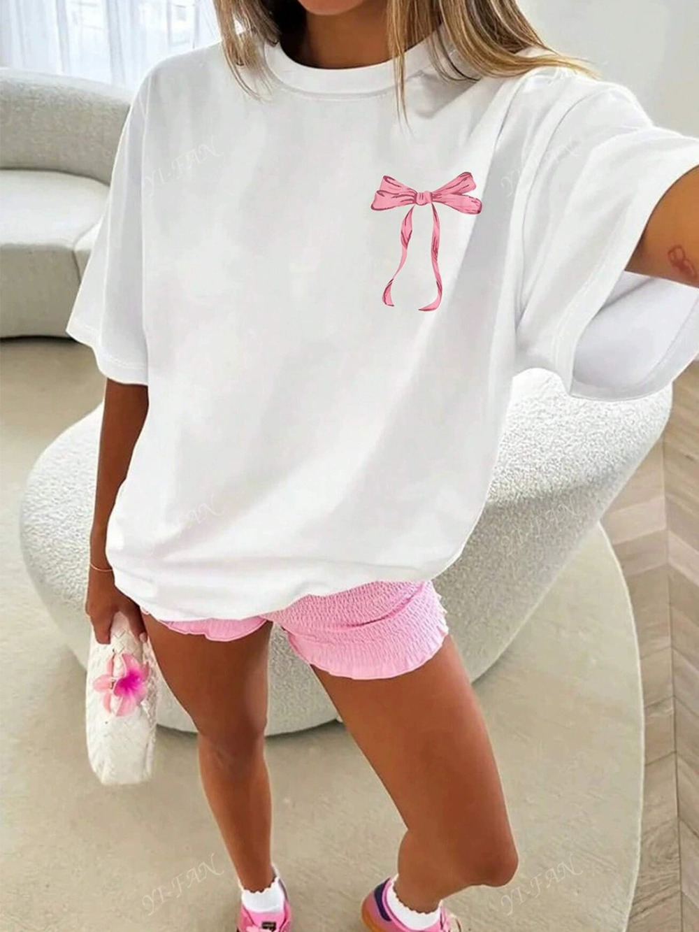 ZARA Bowknot Loose Fit Summer Crew Neck Polyester Short Sleeve Pullover Tee